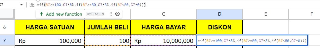 Rumus IF untuk Menghitung Diskon Bersyarat di Spreadsheet / Google Sheet
