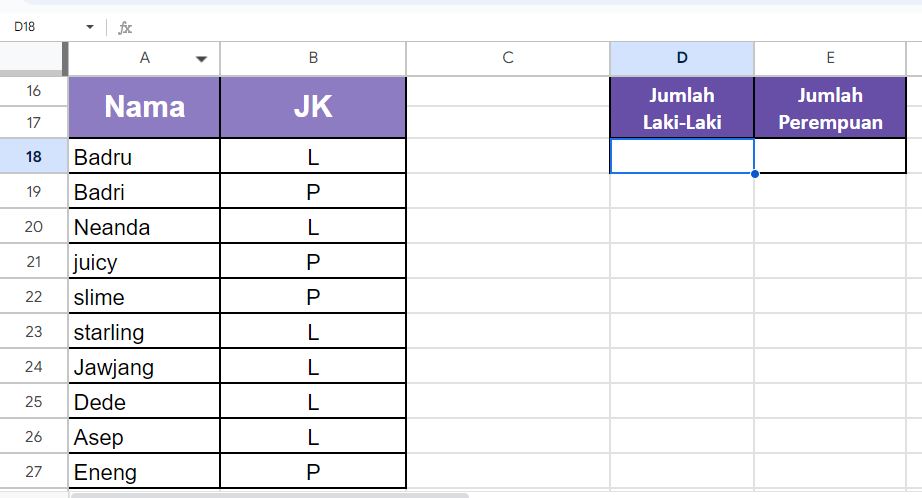 Cara Menghitung Jumlah Laki Laki dan Perempuan di Spreadsheet / Google Sheet