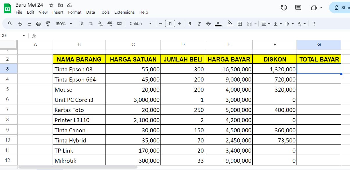 Cara Menghitung Total Pembayaran di Spreadsheet / Google Sheet