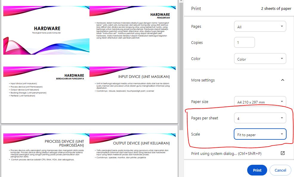 Cara Print PowerPoint 4 Slide Full Kertas (4 Slide 1 Lembar Full) Tampilannya Besar dan Jelas