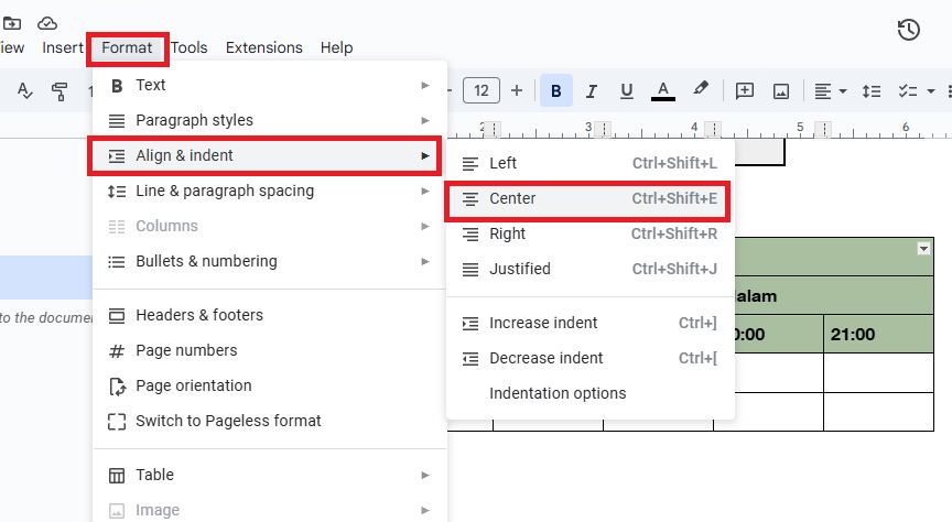 Membuat Tulisan di Tengah Tabel Google Docs