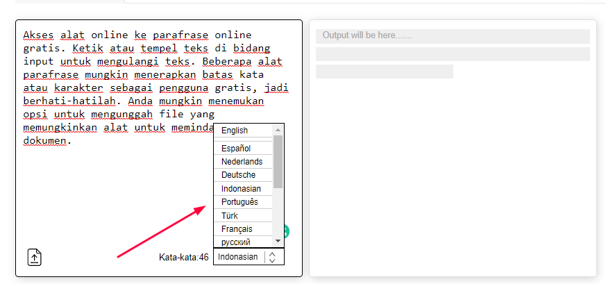 Pilih Mode Parafrase dan Bahasa